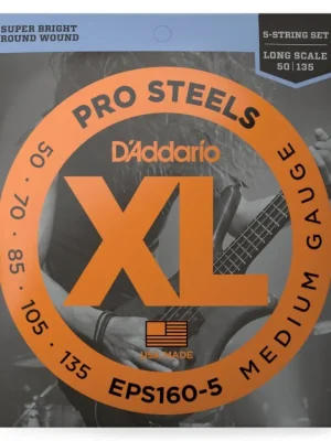 D'Addario EPS160-5 5-String ProSteels Bass Guitar Strings, Medium, 50-135, Long Scale Ověřený